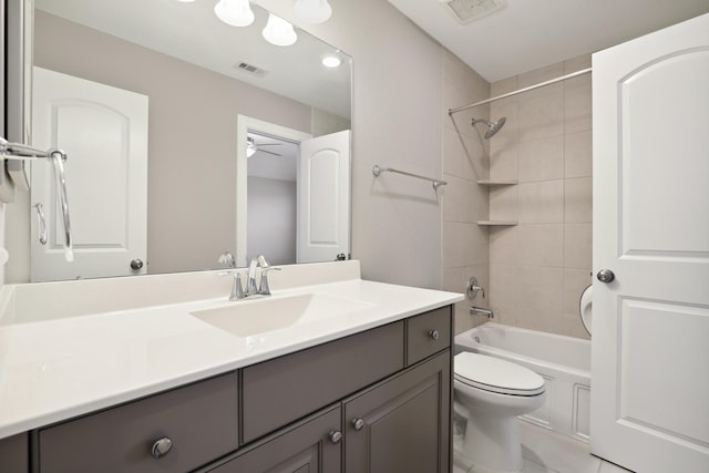 29407 Amber Meadows Ct, Katy, TX 77494 - bathroom featuring toilet, vanity, shower / tub combination, and a ceiling fan