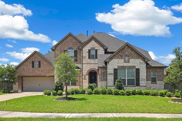 29407 Amber Meadows Ct, Katy, TX 77494 - french country home with stone siding, driveway, a shingled roof, brick siding, and a front lawn