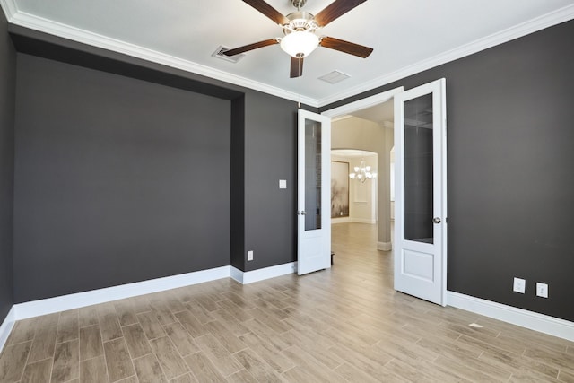29407 Amber Meadows Ct, Katy, TX 77494 - empty room with ornamental molding, baseboards, light wood finished floors, and ceiling fan