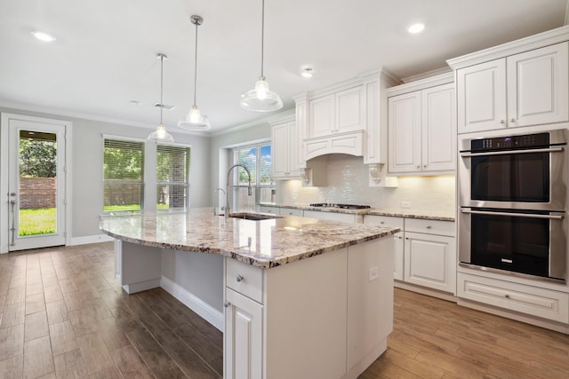 29407 Amber Meadows Ct, Katy, TX 77494 - kitchen featuring stainless steel appliances, a sink, wood finished floors, decorative backsplash, and light stone counters