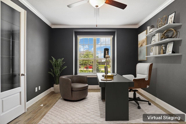 29407 Amber Meadows Ct, Katy, TX 77494 - home office with ceiling fan, wood finished floors, ornamental molding, and baseboards