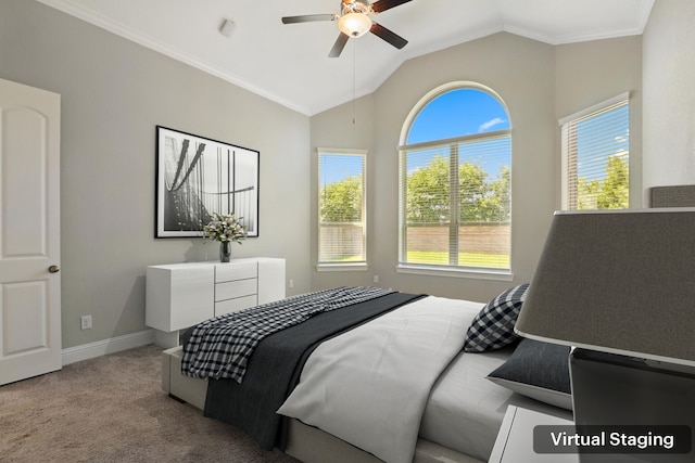 29407 Amber Meadows Ct, Katy, TX 77494 - bedroom with carpet floors, lofted ceiling, baseboards, crown molding, and ceiling fan