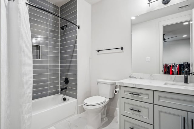 1221 Lamonte Ln, Houston, TX 77018 - bathroom with marble finish flooring, shower / bath combo with shower curtain, toilet, and vanity