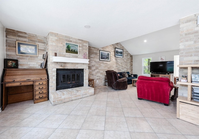 22331 Unicorns Horn Ln, Katy, TX 77449 - tiled living area with a brick fireplace and vaulted ceiling
