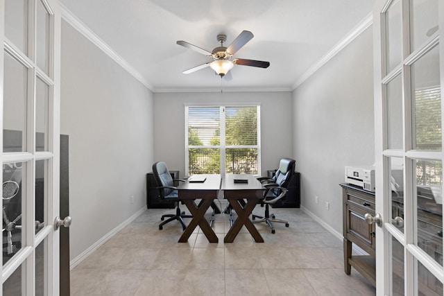 16114 Lake Amistad Pl, Cypress, TX 77433 - office space with french doors, ornamental molding, baseboards, a ceiling fan, and light tile patterned flooring