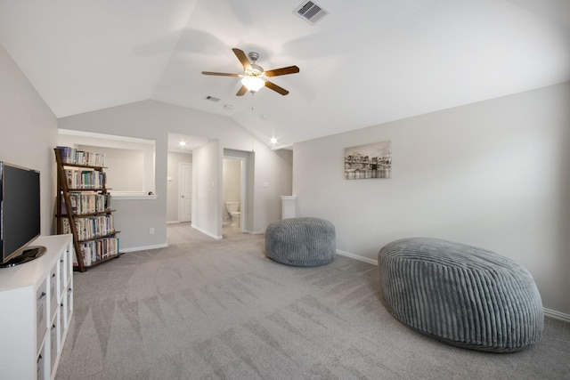 16114 Lake Amistad Pl, Cypress, TX 77433 - living area featuring a ceiling fan, lofted ceiling, carpet, and baseboards