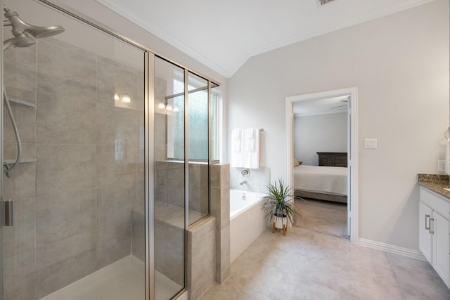 16114 Lake Amistad Pl, Cypress, TX 77433 - bathroom featuring crown molding, a shower stall, vanity, a bath, and ensuite bathroom