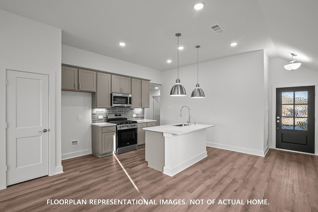 975 Oak Mist Ln, Magnolia, TX 77354 - kitchen featuring appliances with stainless steel finishes, gray cabinets, a sink, light wood-style flooring, and recessed lighting