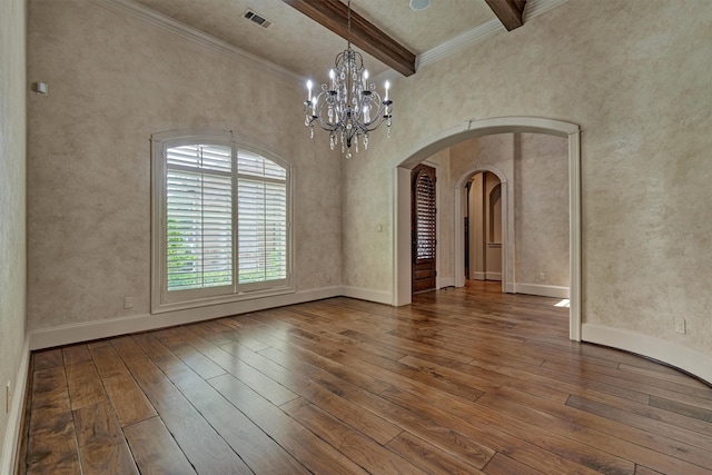 61 Parkgate, Shenandoah, TX 77381 - spare room with wood-type flooring, beamed ceiling, arched walkways, a chandelier, and ornamental molding