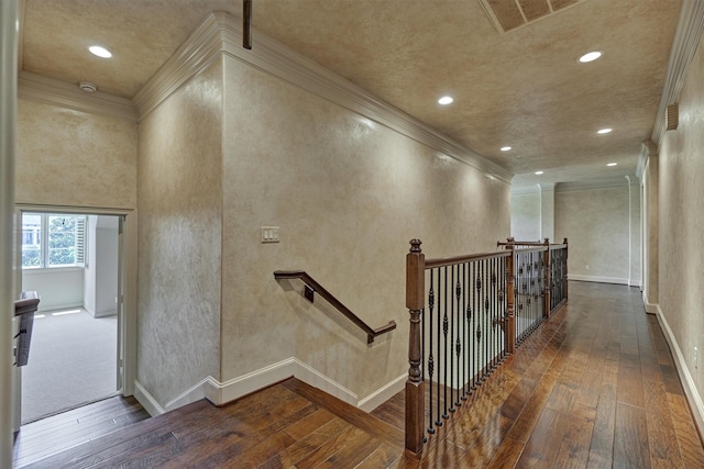 61 Parkgate, Shenandoah, TX 77381 - hall with an upstairs landing, dark wood-style flooring, crown molding, baseboards, and recessed lighting