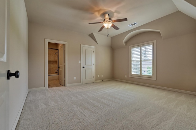 61 Parkgate, Shenandoah, TX 77381 - unfurnished bedroom with light colored carpet, lofted ceiling, baseboards, ensuite bathroom, and a ceiling fan