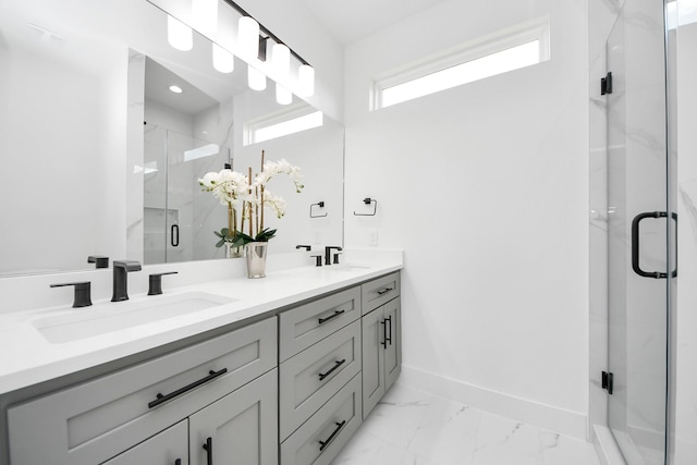 6273 Rd 5503, Cleveland, TX 77327 - full bath featuring a marble finish shower, marble finish floors, baseboards, and double vanity