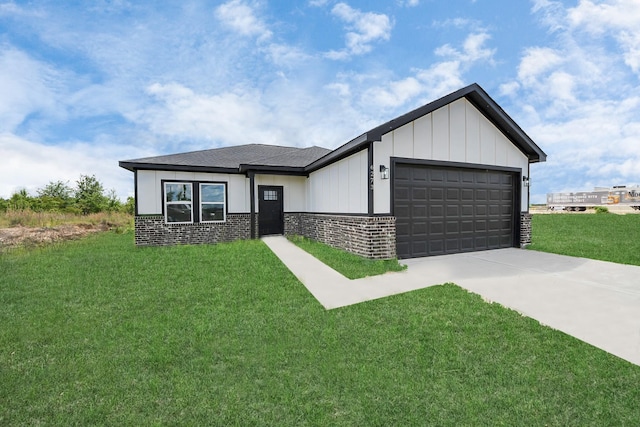 6273 Rd 5503, Cleveland, TX 77327 - view of front facade featuring concrete driveway, an attached garage, a front yard, brick siding, and board and batten siding