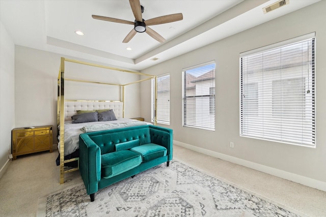 2805 Blodgett St Unit C, Houston, TX 77004 - carpeted bedroom featuring baseboards, ceiling fan, a tray ceiling, and recessed lighting