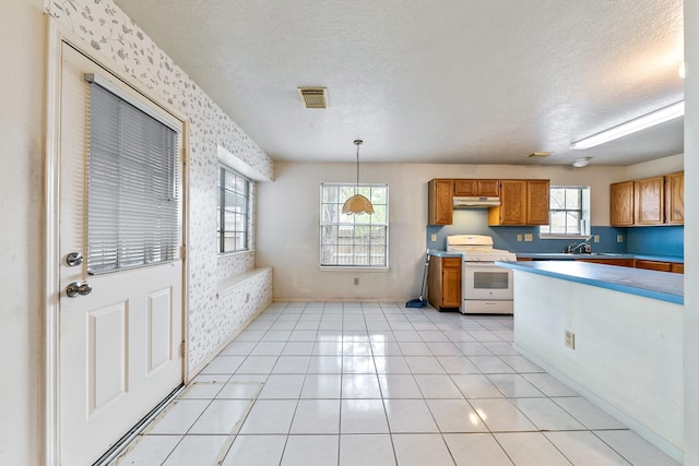 7110 Pine Bower Ct, Humble, TX 77346 - kitchen with gas range gas stove, brown cabinetry, under cabinet range hood, light countertops, and baseboards