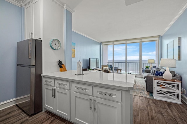 1401 E Beach Dr Unit 1205, Galveston, TX 77550 - kitchen with freestanding refrigerator, ornamental molding, dark wood-type flooring, a peninsula, and white cabinetry