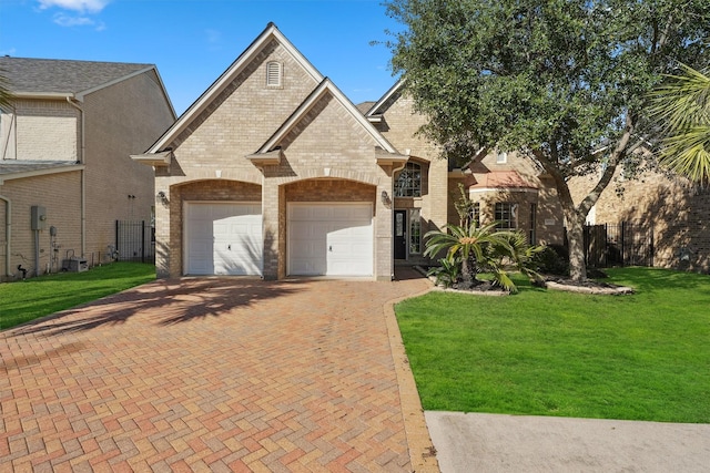 french country inspired facade with brick siding, an attached garage, and decorative driveway