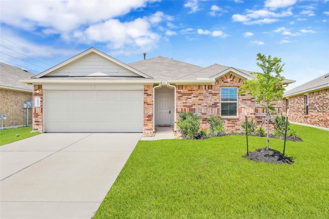 21614 Gusto Glen Ln, Katy, TX 77449 - single story home featuring brick siding, concrete driveway, a front yard, a garage, and a shingled roof