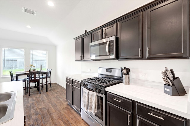 21614 Gusto Glen Ln, Katy, TX 77449 - kitchen featuring stainless steel appliances, dark wood finished floors, light countertops, dark brown cabinets, and lofted ceiling