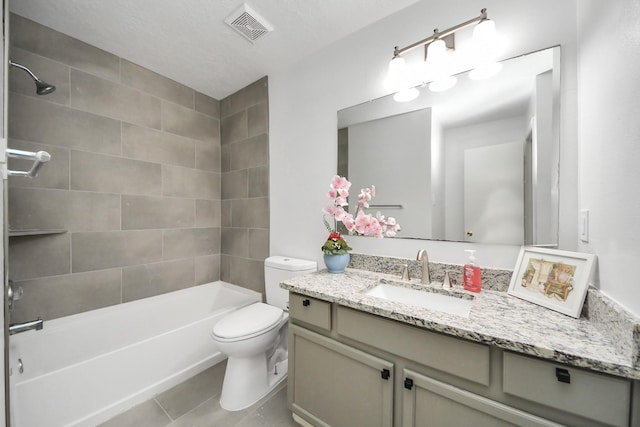 9223 Eaglewood Glen Trl, Houston, TX 77083 - bathroom with toilet, vanity, tile patterned floors, and shower / bath combination