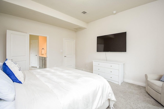 2804 Sable Creek Ln, Pearland, TX 77584 - bedroom with light colored carpet, baseboards, and connected bathroom