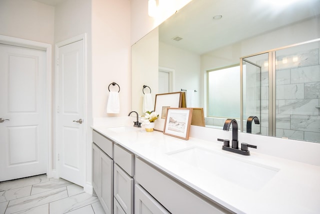 2804 Sable Creek Ln, Pearland, TX 77584 - full bathroom featuring a stall shower, marble finish floors, and double vanity