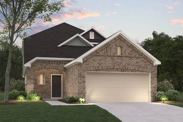 528 Flower Reed Ct, Magnolia, TX 77354 - view of front of property featuring brick siding, driveway, an attached garage, and a yard