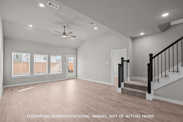 528 Flower Reed Ct, Magnolia, TX 77354 - unfurnished living room featuring wood finished floors, lofted ceiling, a ceiling fan, baseboards, and recessed lighting