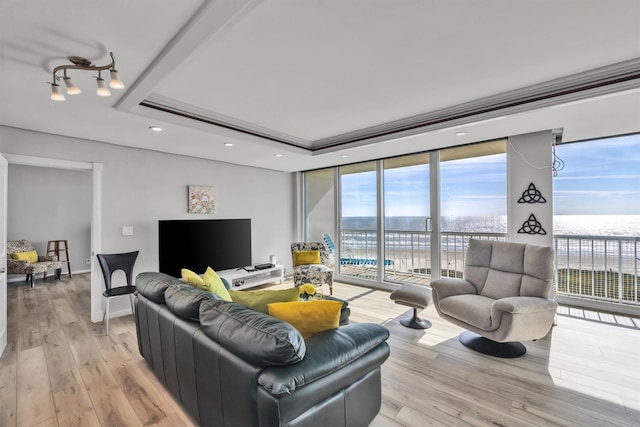 1401 E Beach Dr Unit 805/06, Galveston, TX 77550 - living room featuring a tray ceiling, plenty of natural light, light wood-style floors, recessed lighting, and a wall of windows