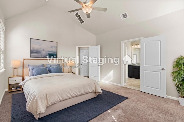 2531 Terrace Point Dr, Missouri City, TX 77459 - bedroom with light colored carpet, baseboards, ensuite bathroom, high vaulted ceiling, and ceiling fan