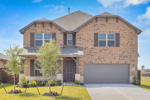 21611 Elmheart Dr, New Caney, TX 77357 - view of front of house with brick siding, concrete driveway, a garage, a front lawn, and roof with shingles