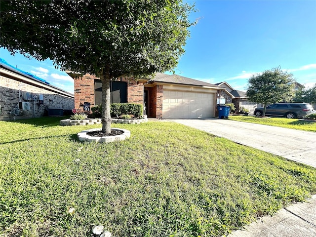 16410 Rodeo River Rd, Houston, TX 77049 - view of front of home with brick siding, a garage, a front yard, concrete driveway, and cooling unit