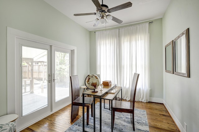 1316 Harvard St, Houston, TX 77008 - dining area featuring wood finished floors, ceiling fan, baseboards, and french doors