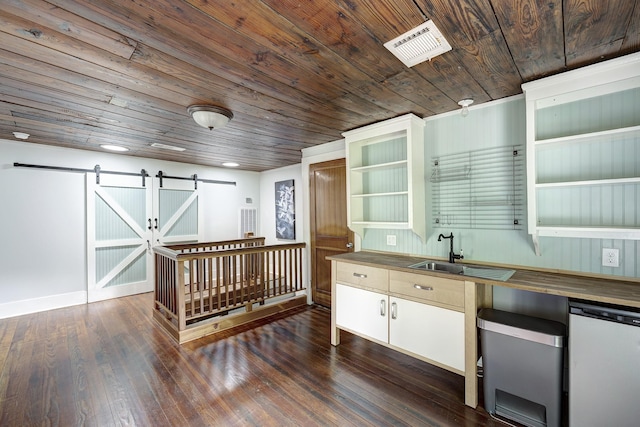 1316 Harvard St, Houston, TX 77008 - kitchen featuring a sink, wooden ceiling, dishwashing machine, wooden counters, and open shelves