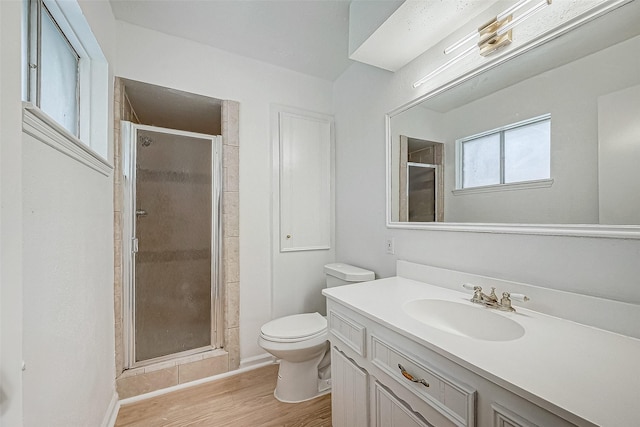 10806 Silkwood Dr, Houston, TX 77031 - bathroom with a shower stall, wood finished floors, vanity, and toilet