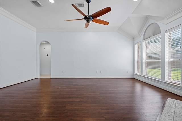 16503 Torry View Ter, Houston, TX 77095 - empty room with ornamental molding, a ceiling fan, dark wood-style flooring, baseboards, and arched walkways