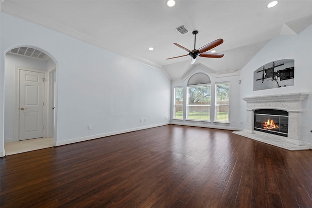 16503 Torry View Ter, Houston, TX 77095 - unfurnished living room with a ceiling fan, a high end fireplace, wood finished floors, lofted ceiling, and baseboards
