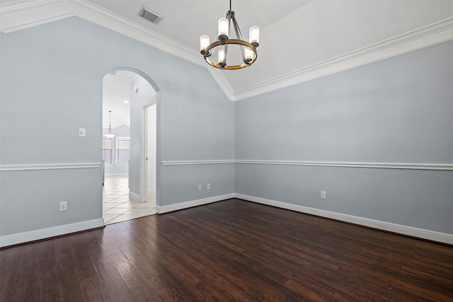 16503 Torry View Ter, Houston, TX 77095 - empty room with lofted ceiling, arched walkways, a chandelier, crown molding, and hardwood / wood-style flooring