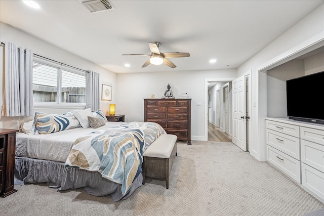 1926 Mapleton Dr, Houston, TX 77043 - bedroom with light carpet, recessed lighting, a ceiling fan, and baseboards