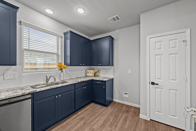 10902 Webber Ln, Texas City, TX 77591 - kitchen with dishwasher, a sink, blue cabinetry, and decorative backsplash