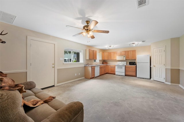 6803 E Treaschwig Rd, Spring, TX 77373 - living area featuring concrete floors, baseboards, ceiling fan, and attic access