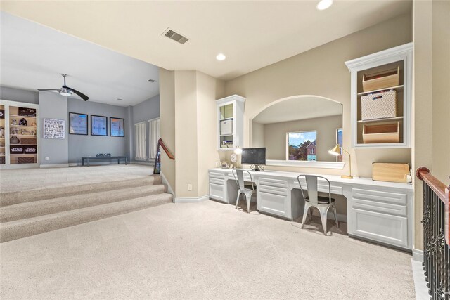 11310 Stonecreek Bend Ln, Cypress, TX 77433 - carpeted home office featuring built in study area, ceiling fan, baseboards, and recessed lighting