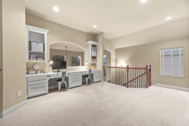 11310 Stonecreek Bend Ln, Cypress, TX 77433 - carpeted office space featuring built in study area, recessed lighting, baseboards, and lofted ceiling