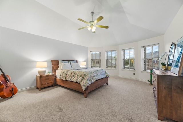 11310 Stonecreek Bend Ln, Cypress, TX 77433 - bedroom featuring light colored carpet, lofted ceiling, baseboards, and a ceiling fan
