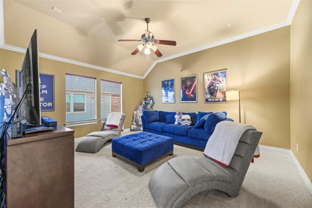 11310 Stonecreek Bend Ln, Cypress, TX 77433 - living area with carpet flooring, ceiling fan, ornamental molding, baseboards, and vaulted ceiling