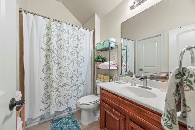 11310 Stonecreek Bend Ln, Cypress, TX 77433 - full bathroom with toilet, vanity, tile patterned flooring, shower / tub combo, and lofted ceiling