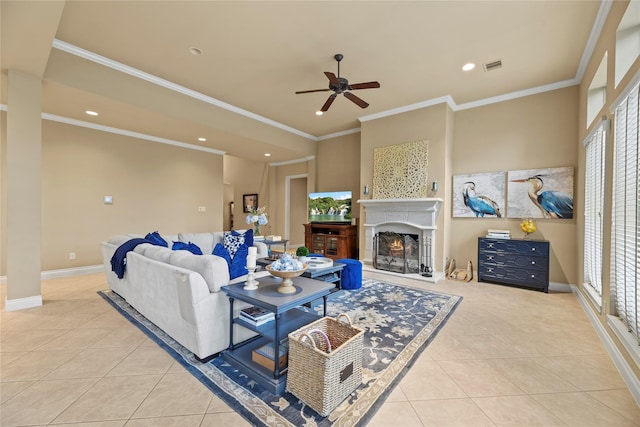 11310 Stonecreek Bend Ln, Cypress, TX 77433 - living area featuring tile patterned flooring, a ceiling fan, plenty of natural light, crown molding, and recessed lighting