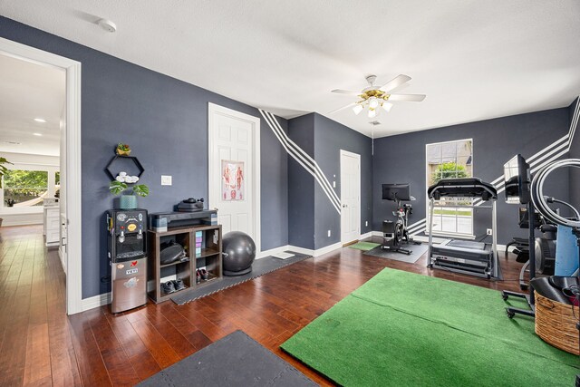 14742 Timbergreen Dr, Magnolia, TX 77355 - workout area with ceiling fan, hardwood / wood-style floors, baseboards, and plenty of natural light