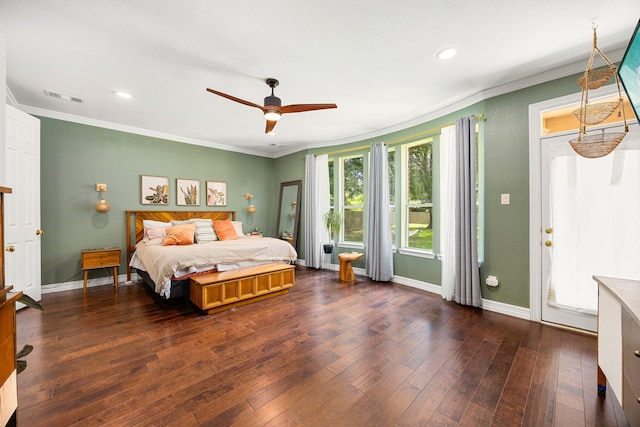 14742 Timbergreen Dr, Magnolia, TX 77355 - bedroom featuring wood-type flooring, crown molding, baseboards, recessed lighting, and a ceiling fan