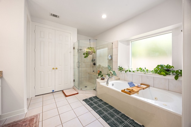 14742 Timbergreen Dr, Magnolia, TX 77355 - bathroom with a stall shower, a bath, and tile patterned floors